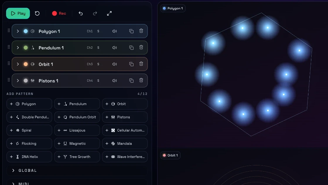 Synscape channel list with per-pattern MIDI channels alongside the global, MIDI and instrument settings