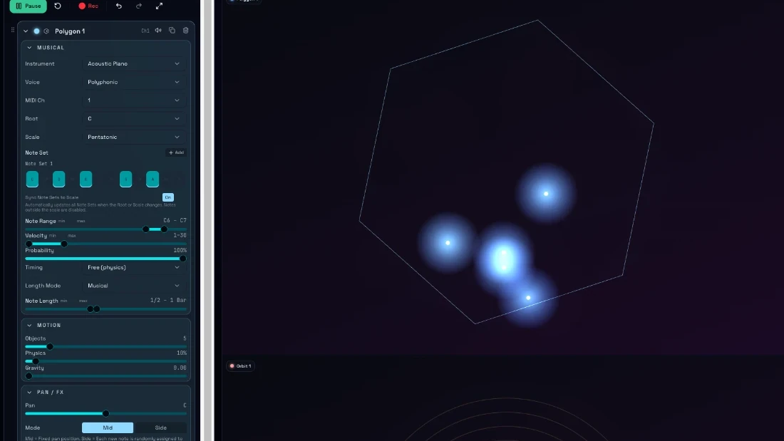 Synscape musical panel with instrument, root, scale, note set, velocity, probability and note length controls