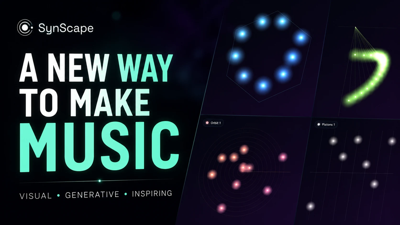 SynScape teaser artwork with glowing polygon, pendulum, orbit and piston motion patterns